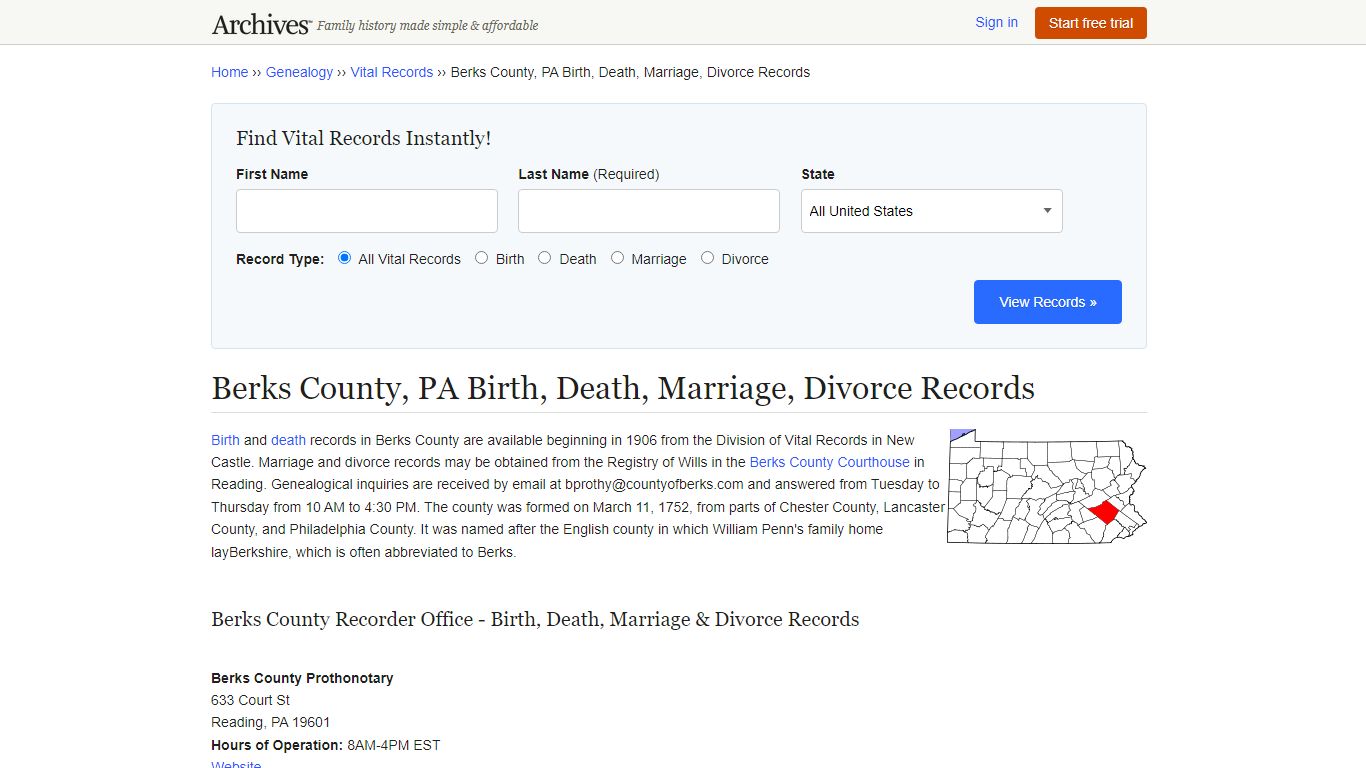 Berks County, PA Birth, Death, Marriage, Divorce Records
